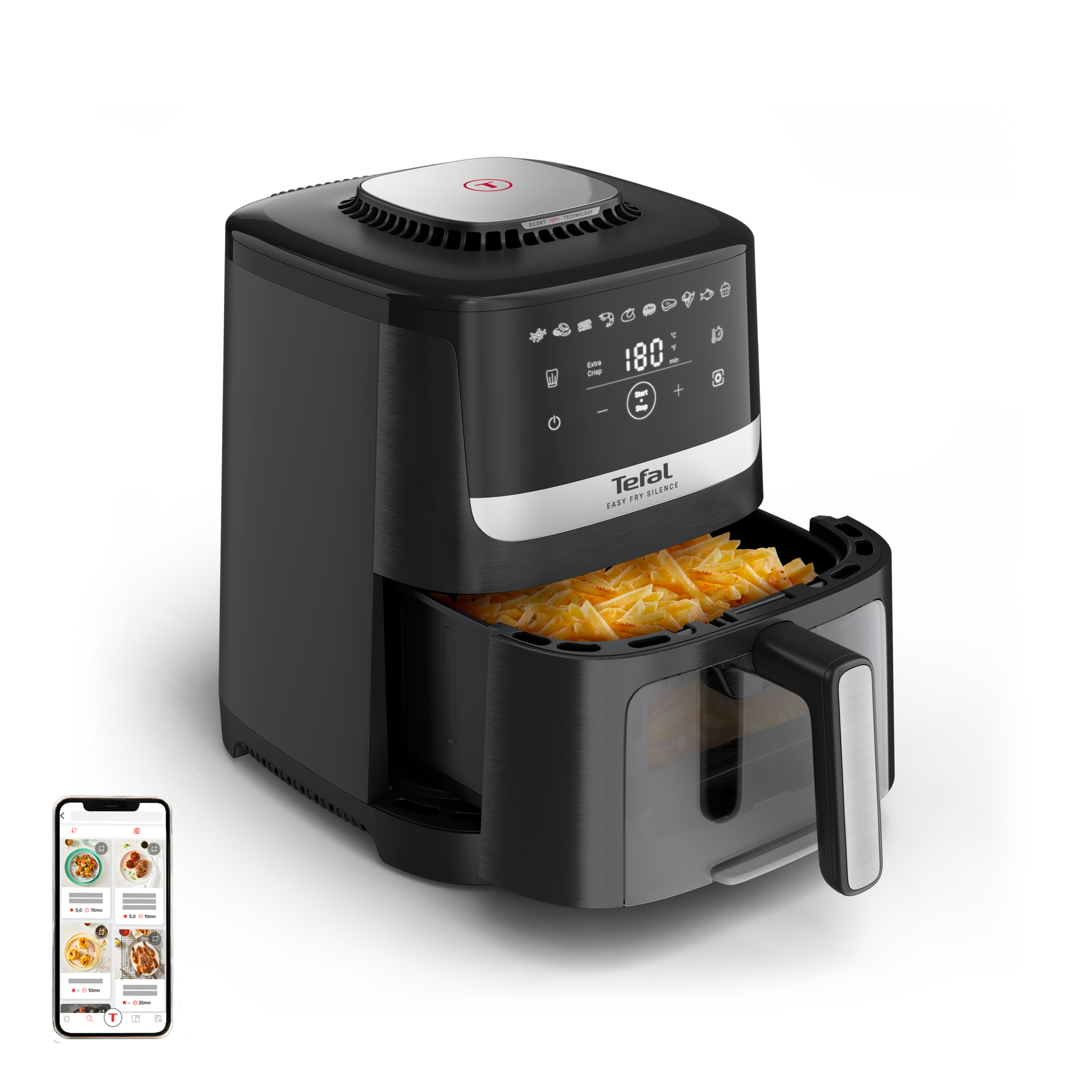 Easy Fry Silence с прозорец за наблюдение, Уред за готвене с горещ въздух, 5 L, Безшумна технология, Черен