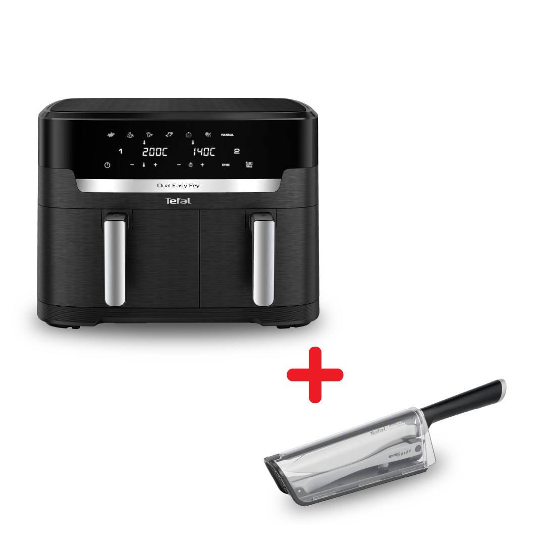 Пакет Двоен уред за готвене с горещ въздух Dual Easy Fry XXL, синхронизирано готвене и вместимост от 11 L и Нож на майстора Ever Sharp с Калъф, с вградено точило