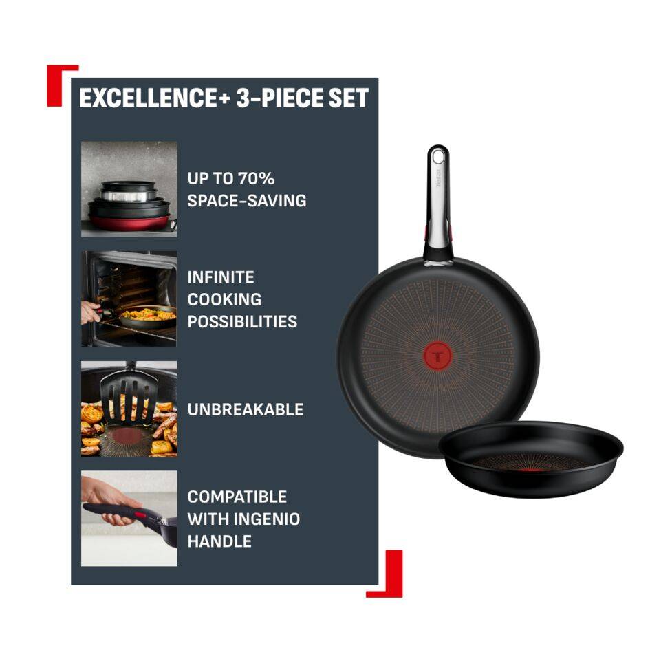Ingenio Excellence+ , комплект съдове за готвене от 3 части, подреждащи се един в друг съдове, незалепващо покритие, съвместимост с индукционни котлони