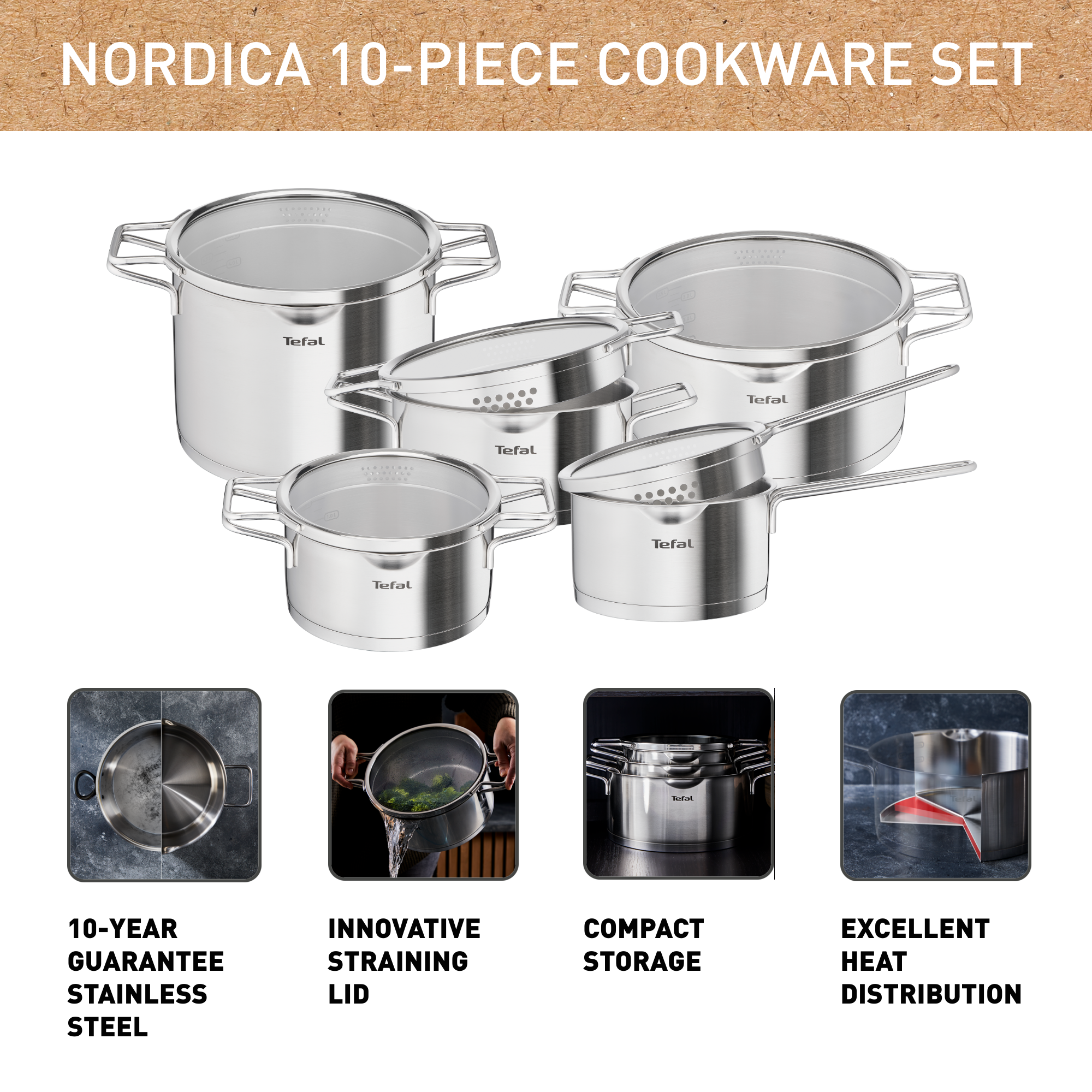 Комплект тенджери Nordica H852SA56, 10ч., Премиум Неръждаема Стомана