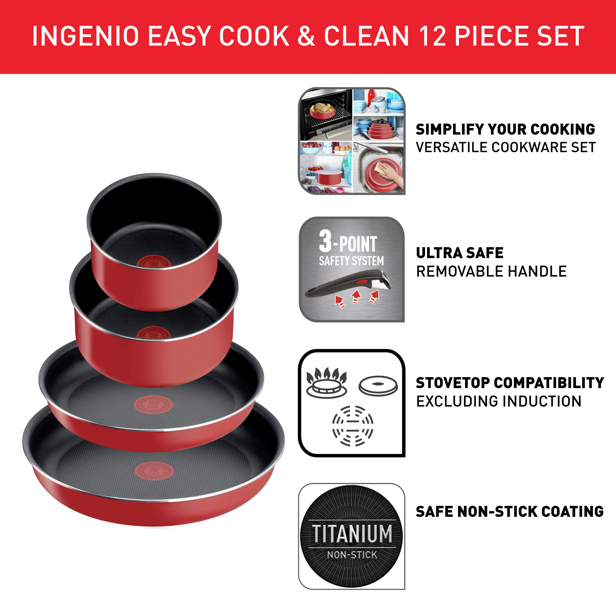 Комплект съдове за готвене Tefal Ingenio Easy Cook & Clean L1529302, 12ч.