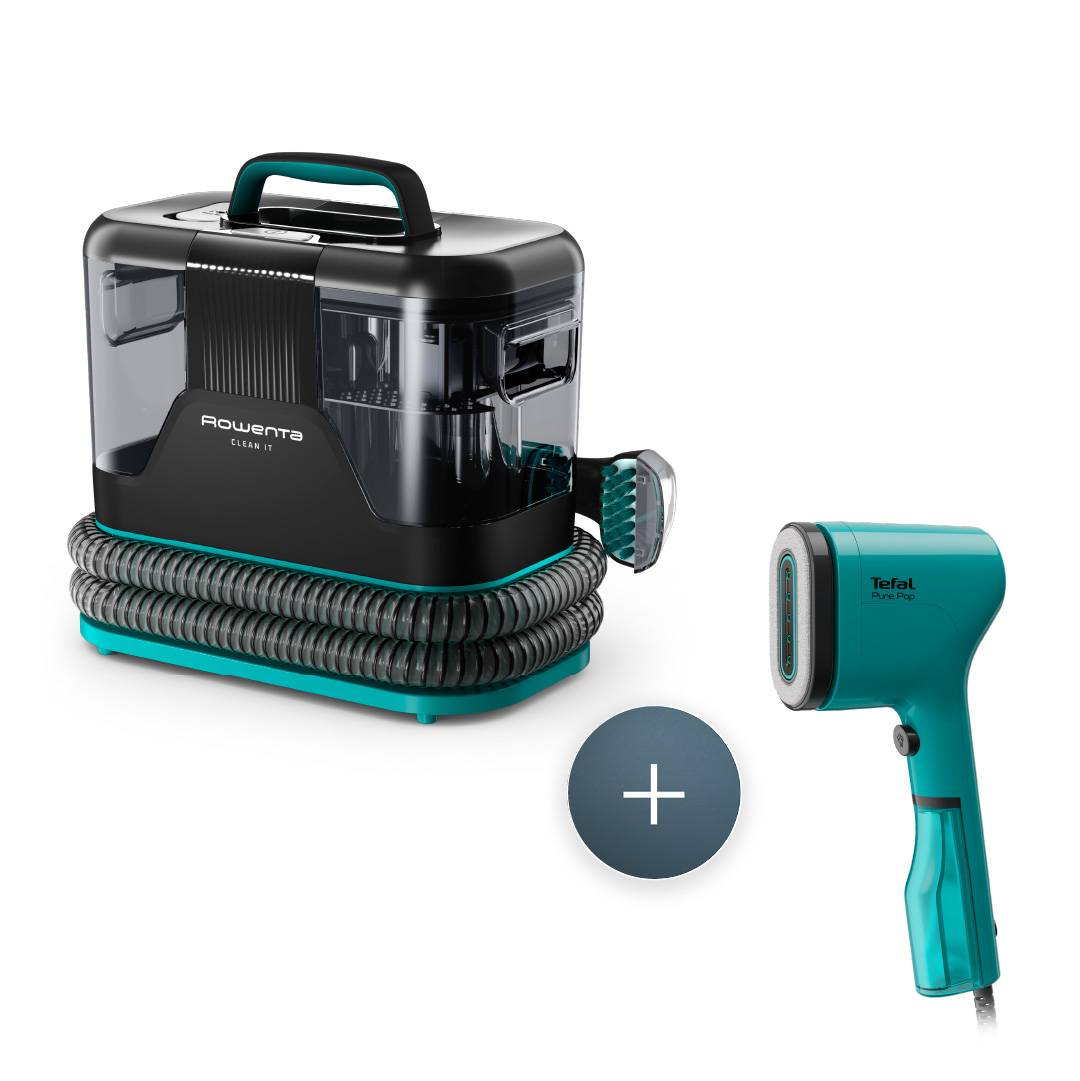 Пакет Clean It IN5020, уред за почистване на петна, почистване на килими, тапицерии и интериори на автомобили и Ръчен уред за гладене Pure Pop, DT2024