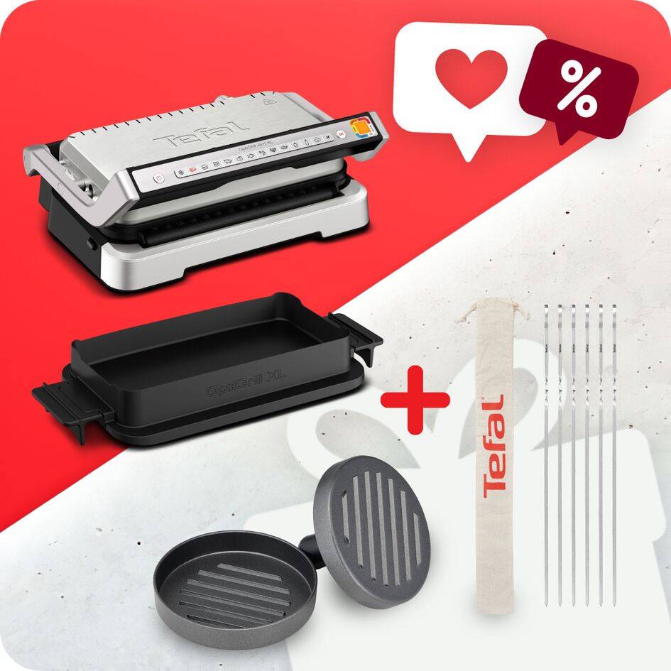 Пакет Интелигентен грил OptiGrill 4in1 Tefal GC784D30, Бургер преса K1851134 и Шишове XL K185S734 неръждаема стомана