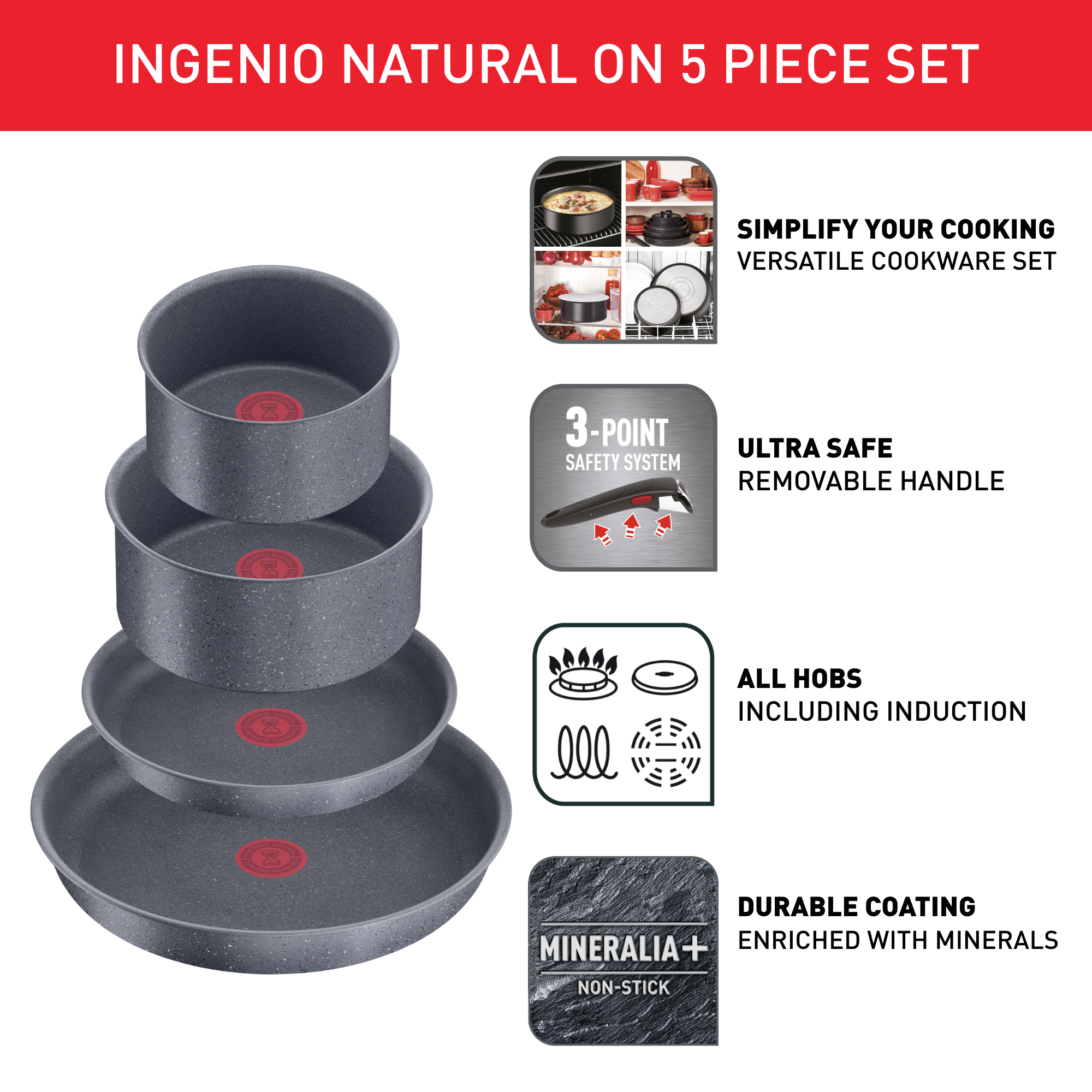 Ingenio Natural On, Комплект съдове за готвене L7669553, 5 части, Сив