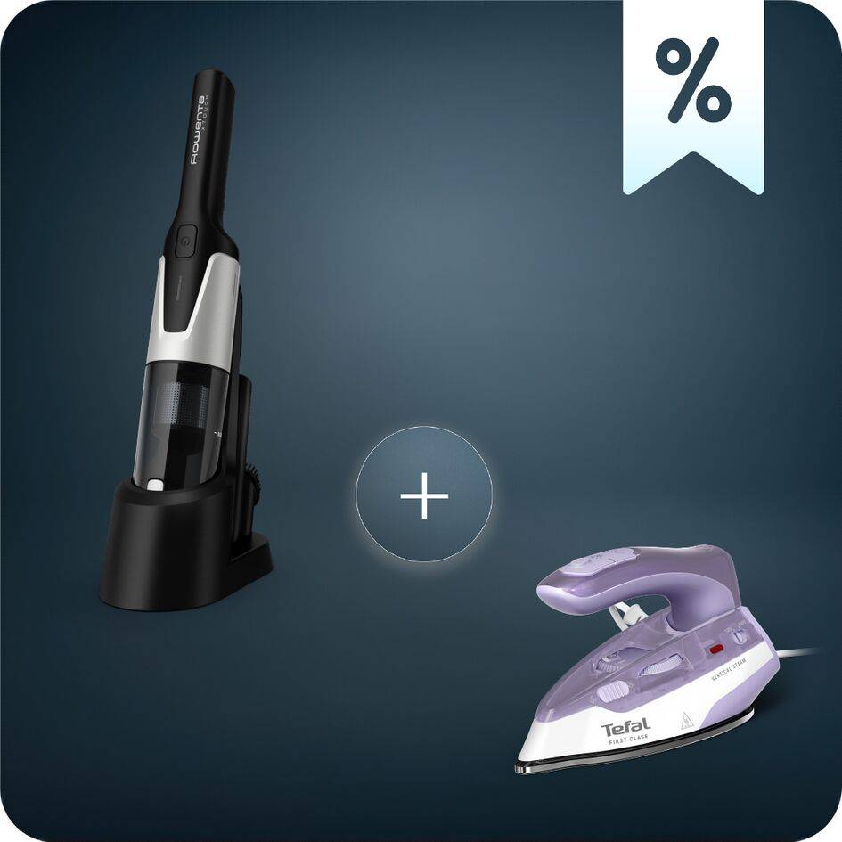 Пакет Ръчна Прахосмукачка X-Touch и Туристическа ютия Tefal