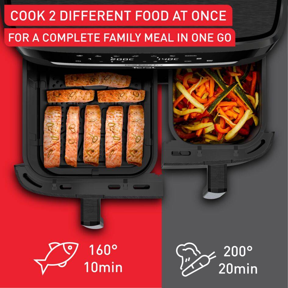 XXL Dual Easy Fry, Двоен уред за готвене с горещ въздух XXL, синхронизирано готвене, вместимост от 11 L