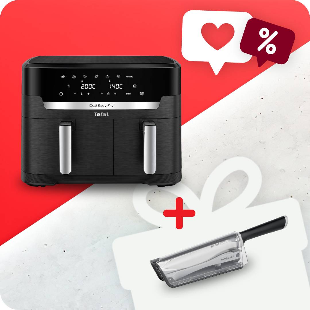 Пакет Двоен уред за готвене с горещ въздух Dual Easy Fry XXL, синхронизирано готвене и вместимост от 11 L и Нож на майстора Ever Sharp с Калъф, с вградено точило