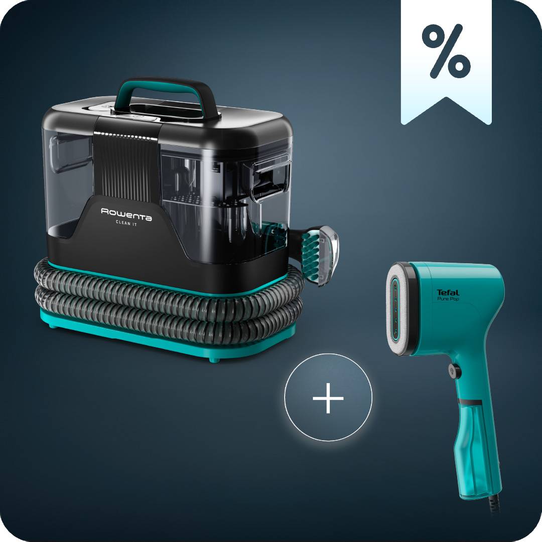 Пакет Clean It IN5020, уред за почистване на петна, почистване на килими, тапицерии и интериори на автомобили и Ръчен уред за гладене Pure Pop, DT2024