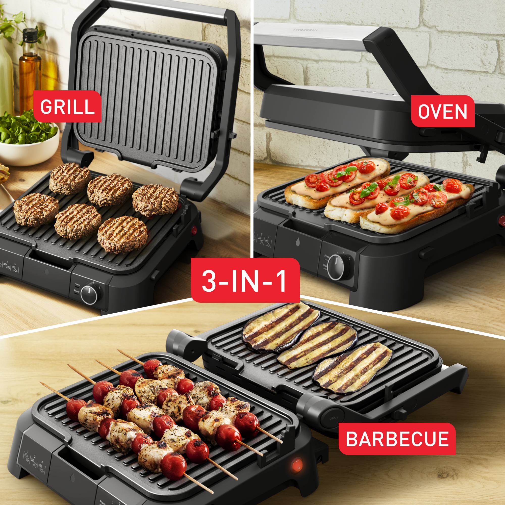SuperGrill 3in1, контактен грил, позиции за барбекю и фурна