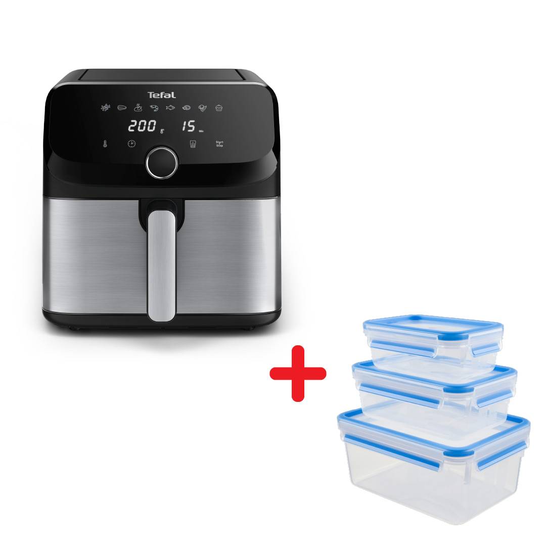 Пакет Уред за готвене с горещ въздух Easy Fry Mega, EY855D10, 7.5 L с 8 автоматични програми и Комплект пластмасови кутии