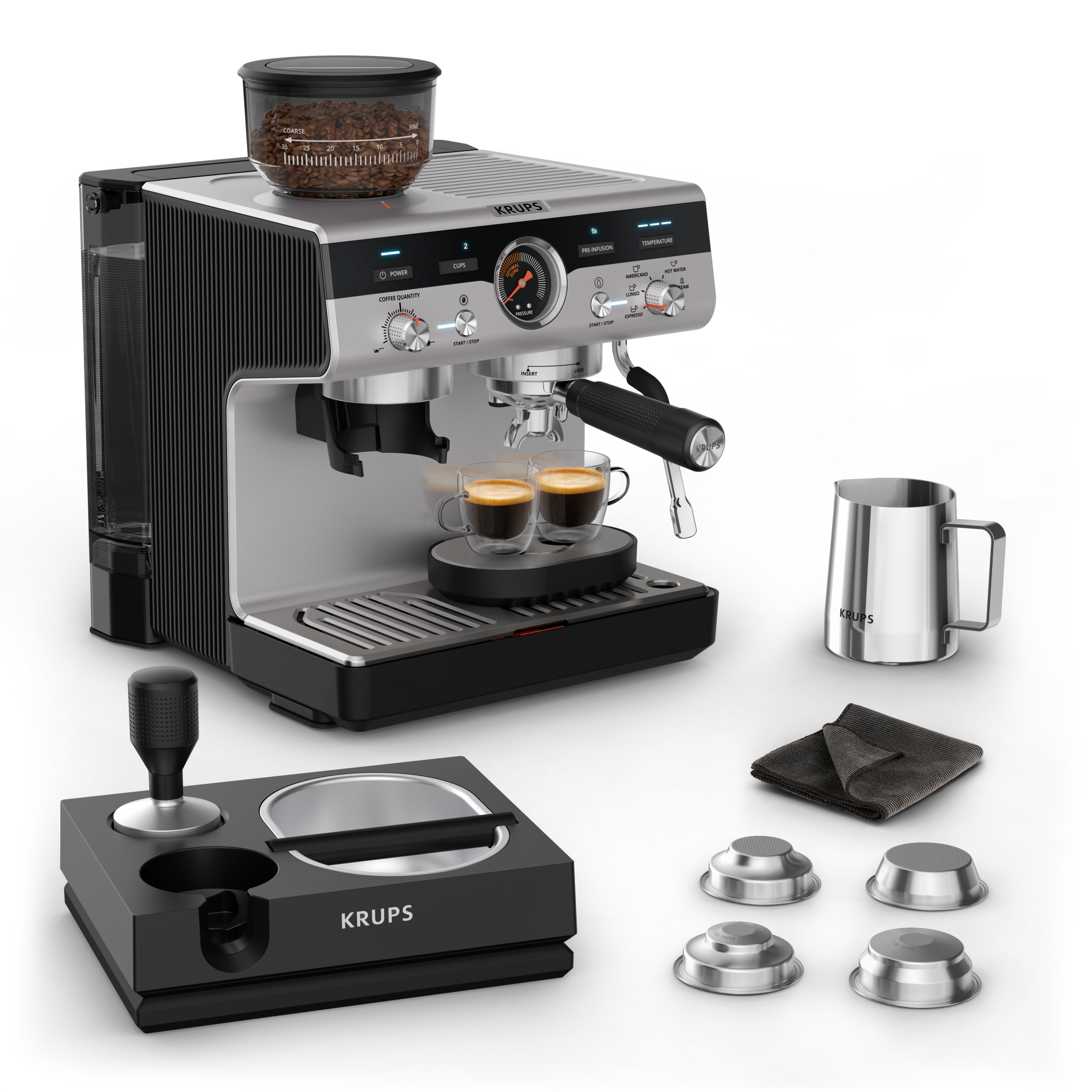 Ръчна еспресо машина с кафемелачка Krups Precision+, Перфектно еспресо, Бариста станция за тампиране