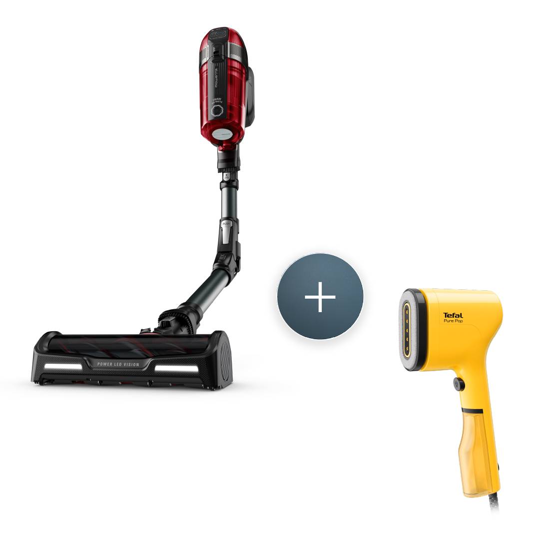 Пакет Многофункционална Прахосмукачка X-Force Flex 12.6 Animal Care RH98A8WO, 150 AW, 45 мин. и Ръчен уред за гладене, Pure Pop DT2026, Жълт