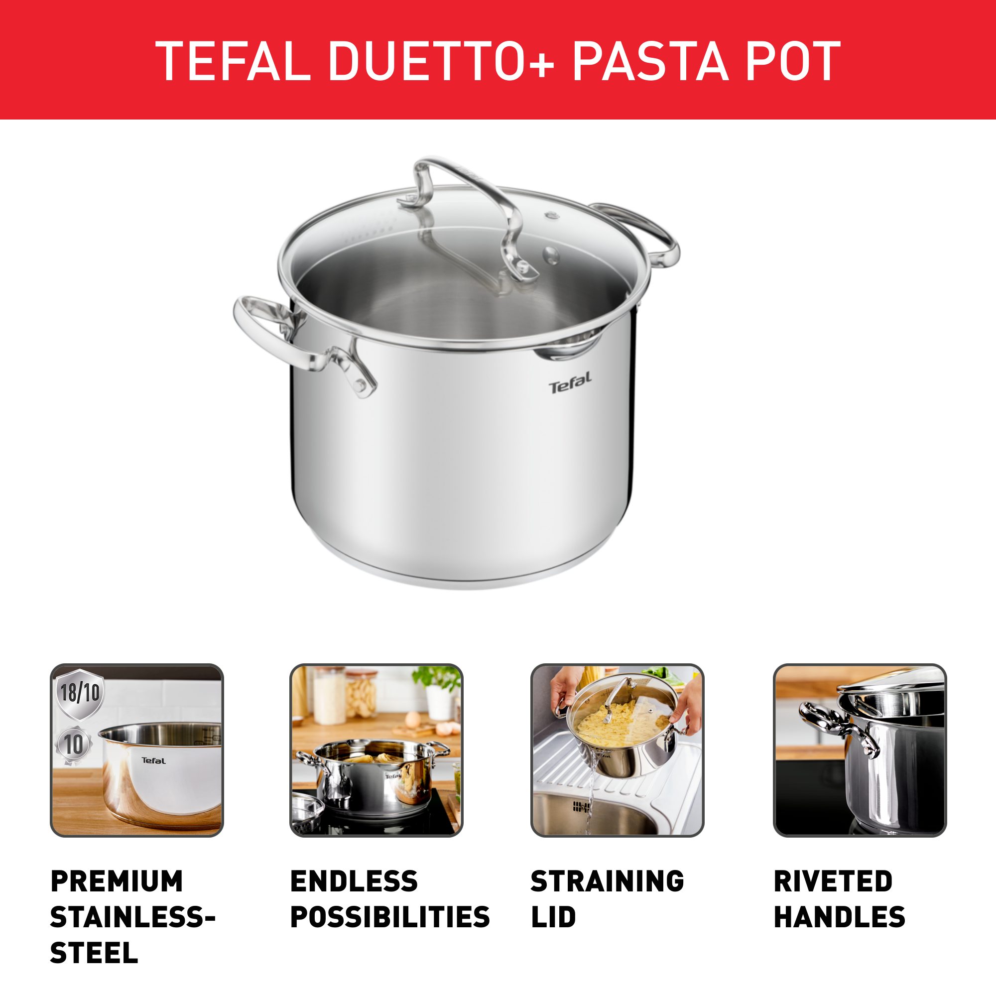 Duetto+ Pasta Pot 22cm, 10-years guarantee, Premium stainless-steel