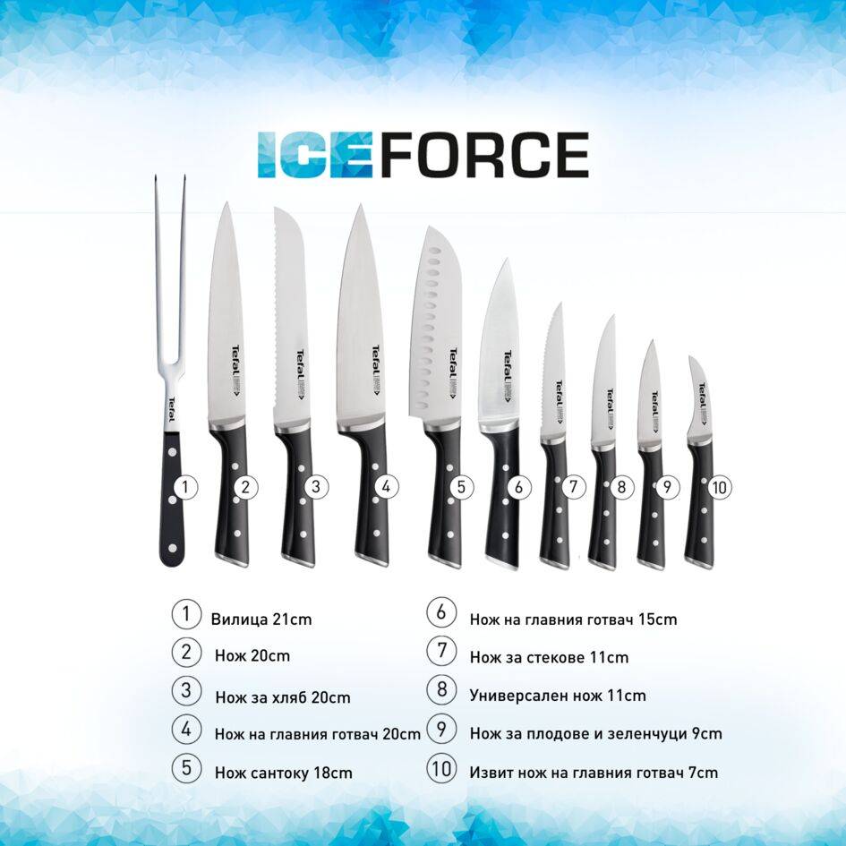 КОМПЛЕКТ НОЖОВЕ ICE FORCE: 5 НОЖА + ДЪРВЕН БЛОК ЗА СЪХРАНЕНИЕ