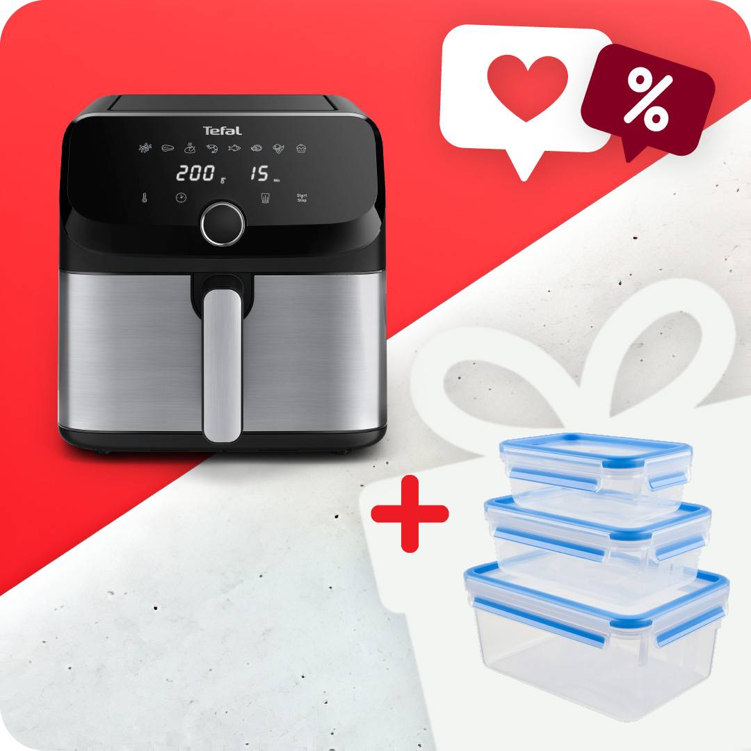 Пакет Уред за готвене с горещ въздух Easy Fry Mega, EY855D10, 7.5 L с 8 автоматични програми и Комплект пластмасови кутии