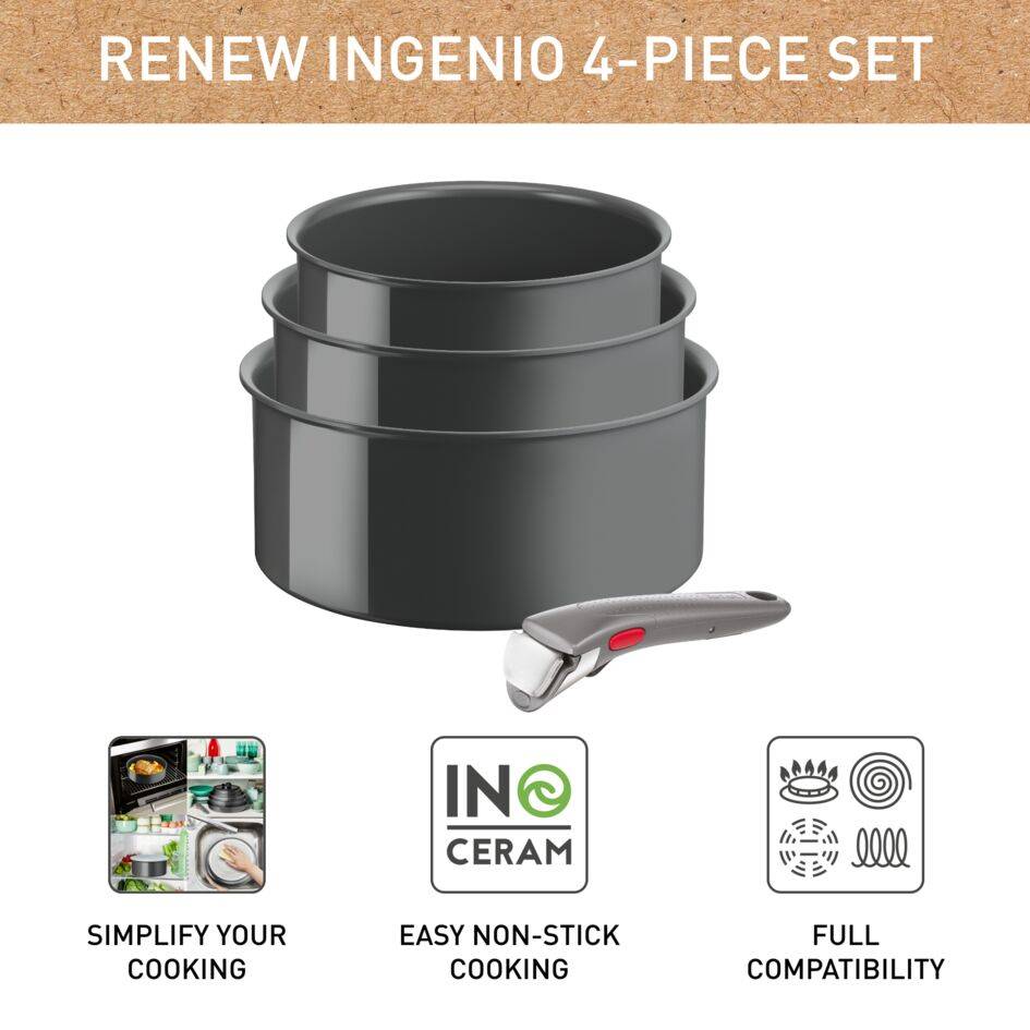 Ingenio Renew, Комплект съдове за готвене, 4 части, керамично покритие