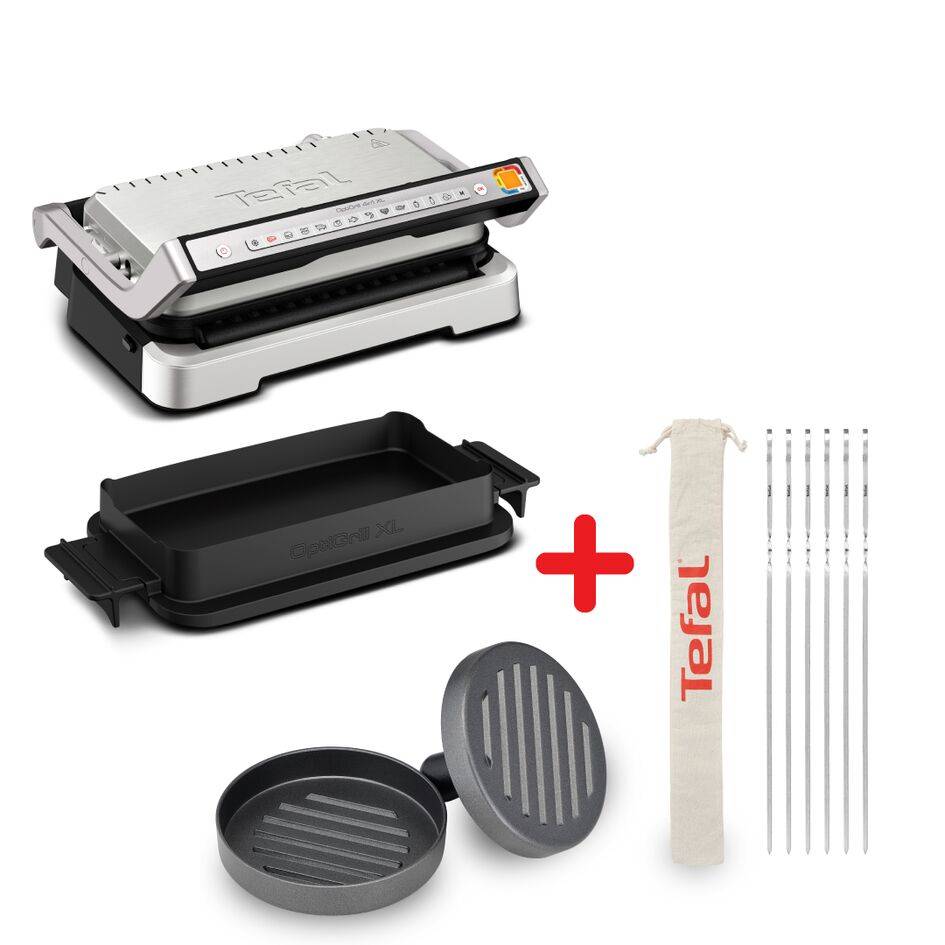 Пакет Интелигентен грил Tefal OptiGrill 4in1 XL GC784D30, Бургер преса K1851134 и Шишове XL K185S734