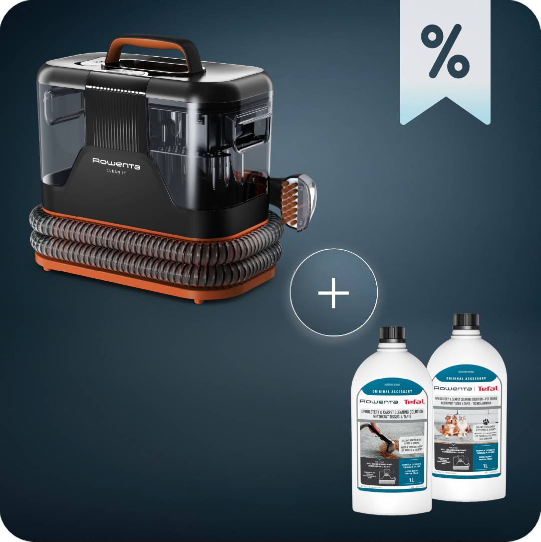 Пакет Уред за почистване на петна Rowenta Clean It IN5011 с препарат Clean It XD5310FO и препарат за петна от домашни любимци XD5320F0