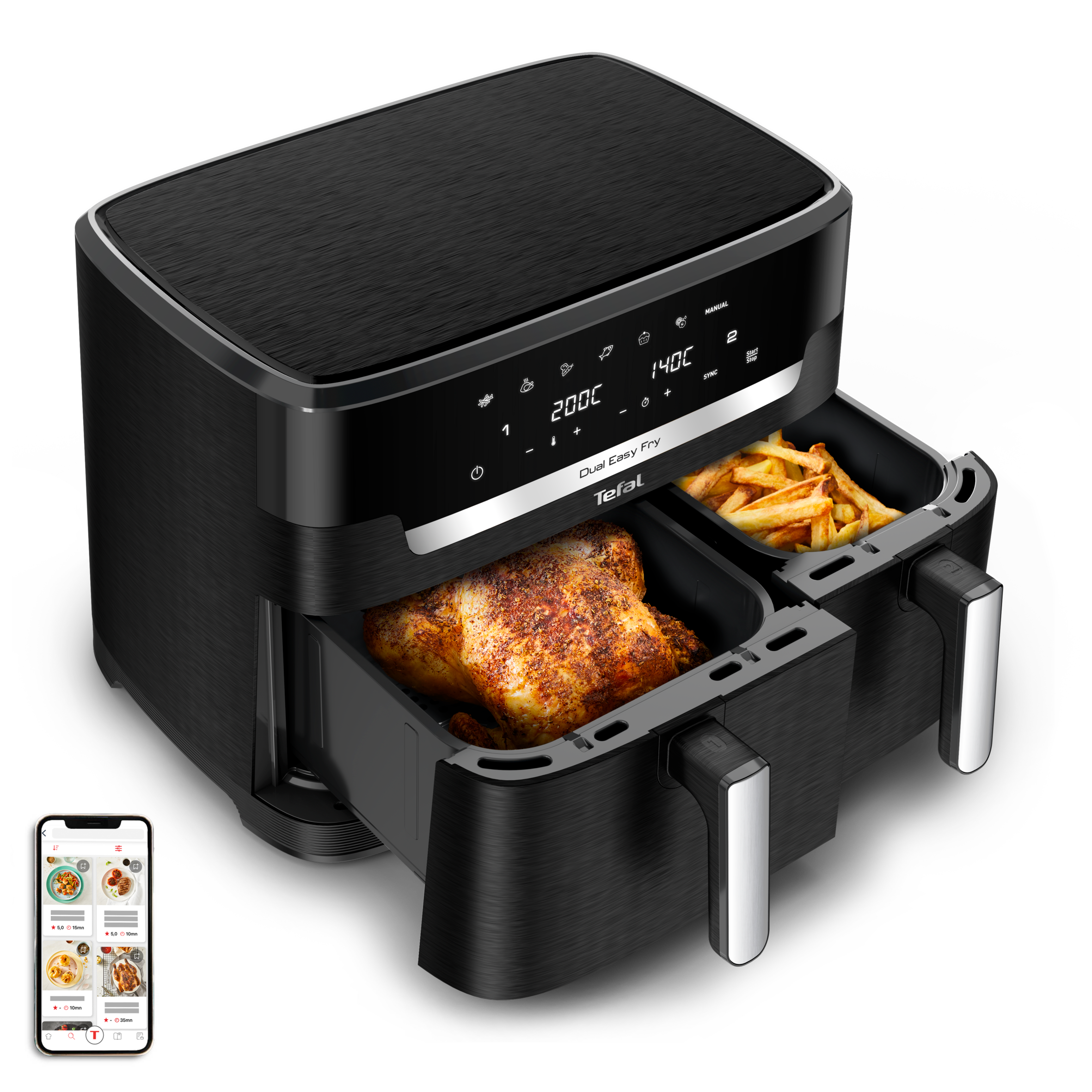 XXL Dual Easy Fry, Двоен уред за готвене с горещ въздух XXL, синхронизирано готвене, вместимост от 11 L