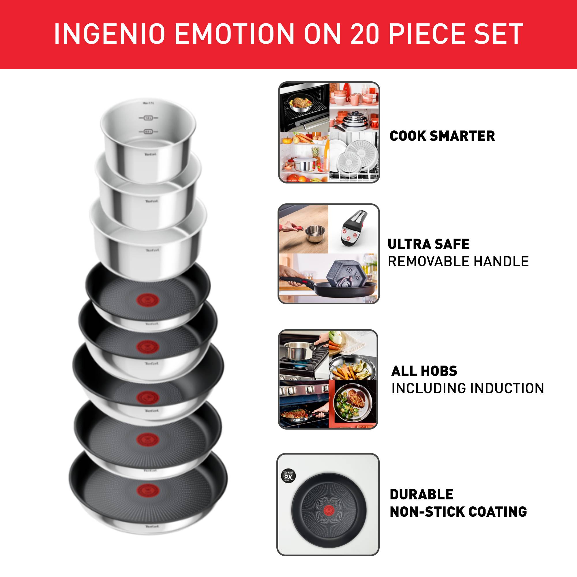 Комплект съдове за готвене Ingenio Emotion 20 ч., стъклен капак 