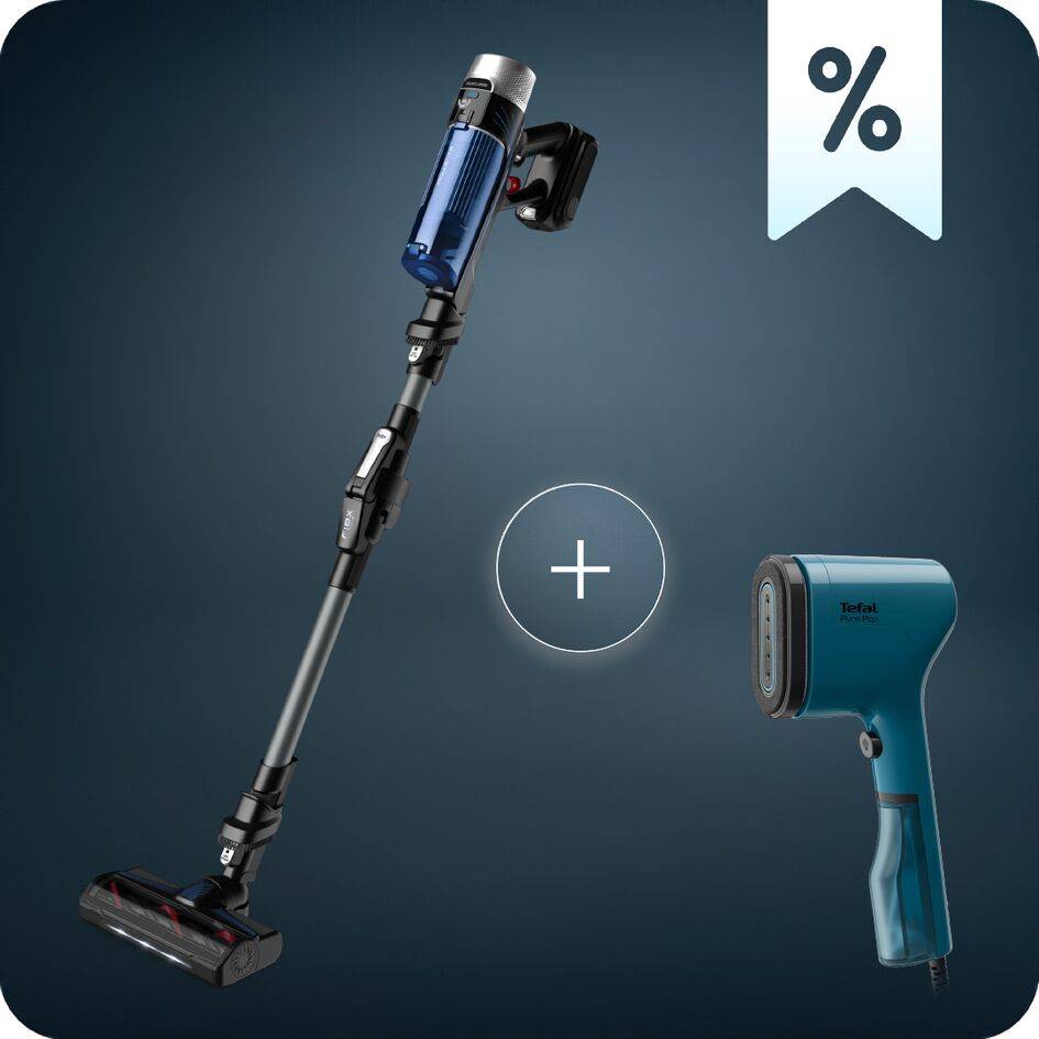 Пакет Многофункционална прахосмукачка Rowenta X-FORCE FLEX 9.60 AQUA RH20C7WO и Pure Pop, Ръчен уред за гладене DT2020