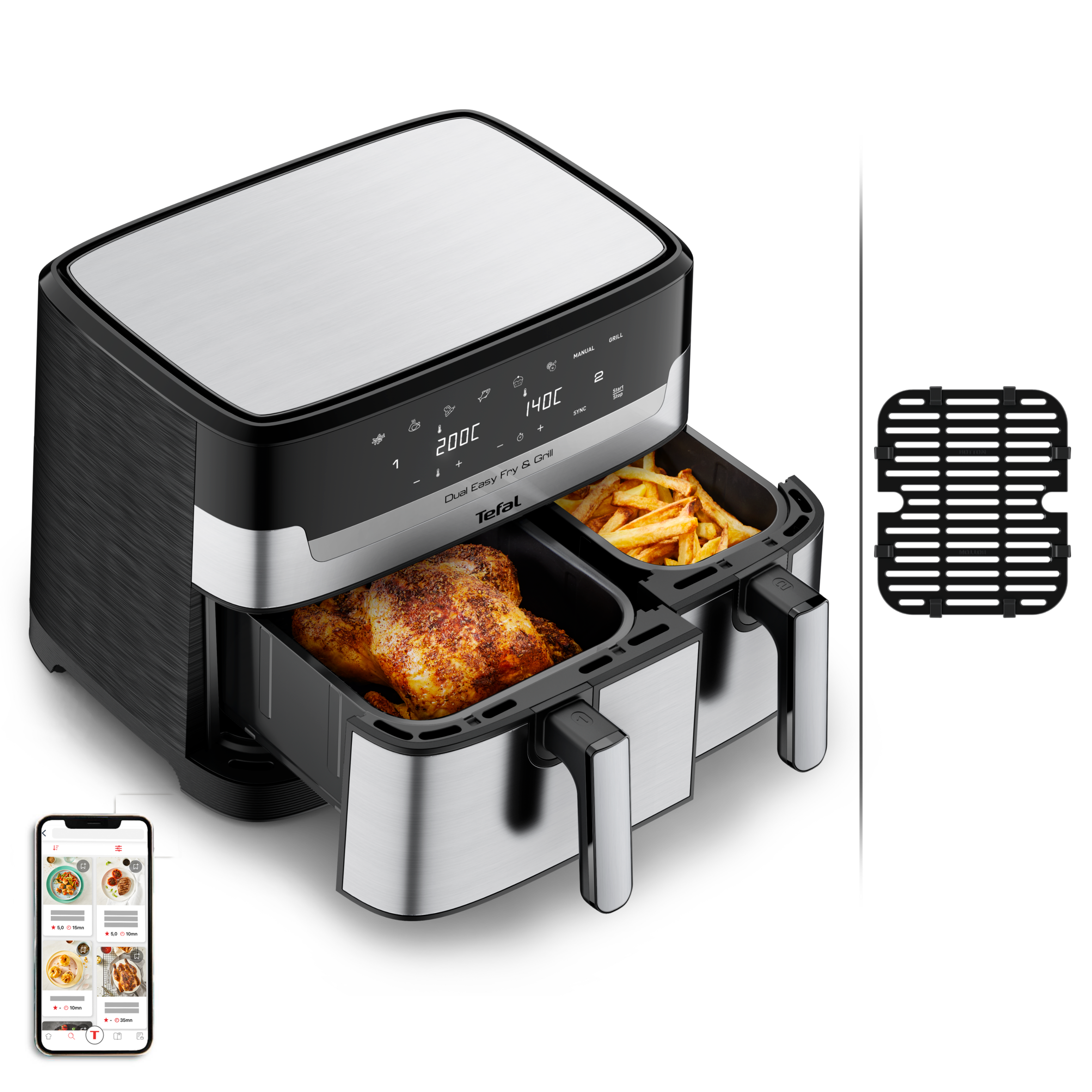 Dual Easy Fry & Grill, Двоен уред за готвене с горещ въздух и грил EY905D10, 8.3л., две чекмеджета
